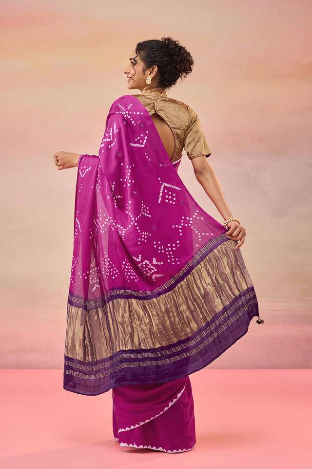 Pink Gujarat Pure Satin Tie & Dye Bandhni Saree thumbnail image number null