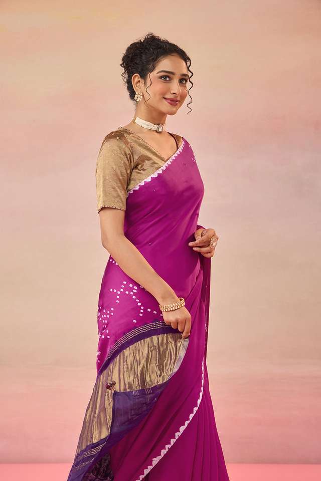 Pink Gujarat Pure Satin Tie & Dye Bandhni Saree thumbnail image number null