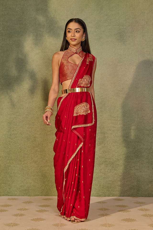 Red Rajasthan Viscose Satin Embroidered Saree thumbnail image number null