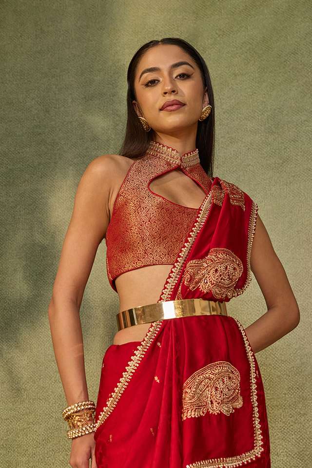 Red Rajasthan Viscose Satin Embroidered Saree thumbnail image number null