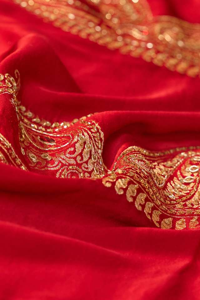Red Rajasthan Viscose Satin Embroidered Saree thumbnail image number null