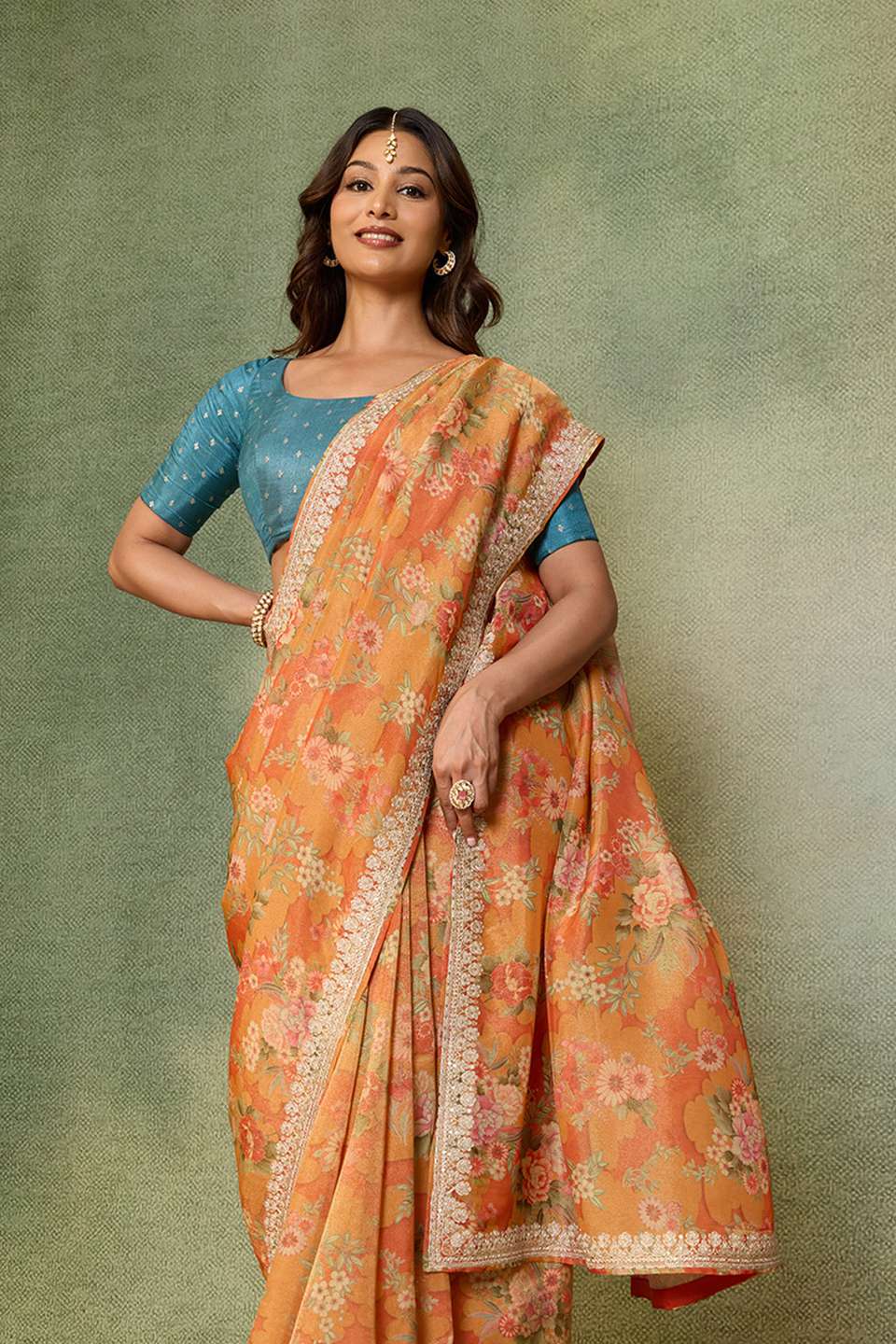 Orange Viscose Tissue Embroidered Saree