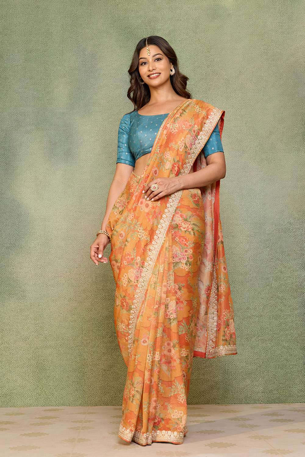 Orange Viscose Tissue Embroidered Saree image number null