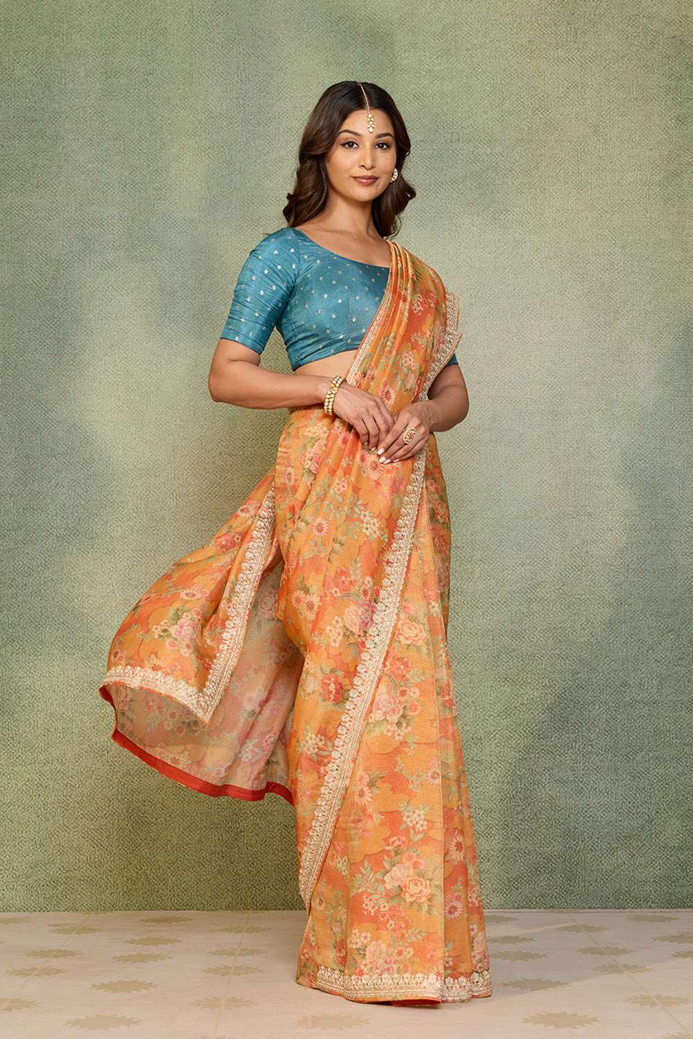 Orange Viscose Tissue Embroidered Saree image number null