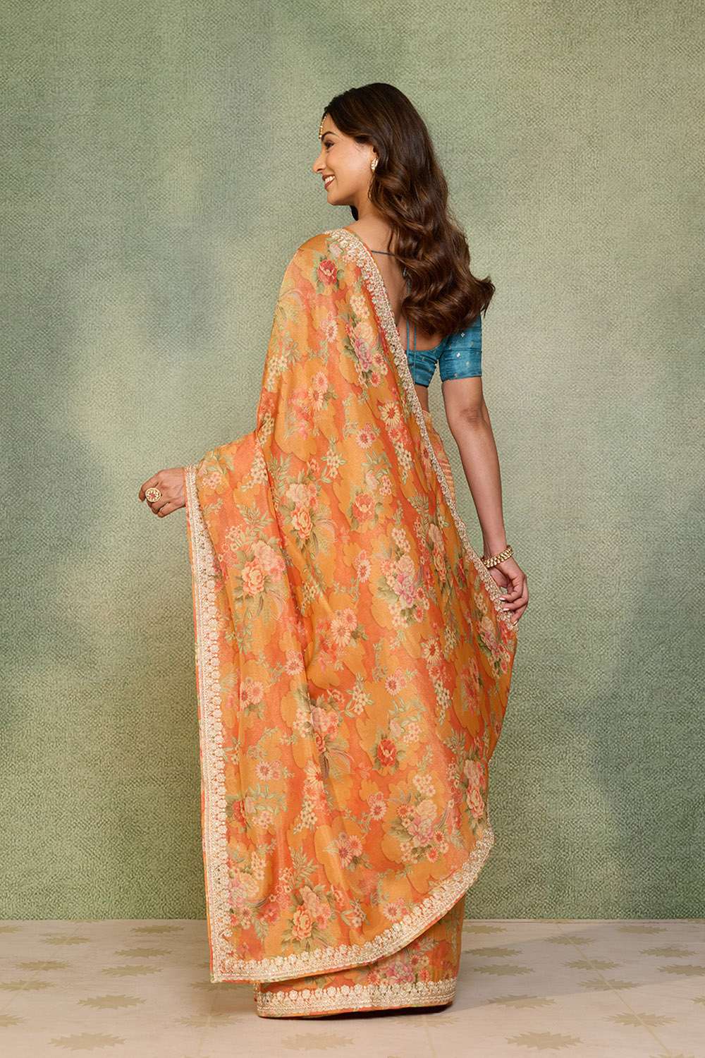 Orange Viscose Tissue Embroidered Saree image number null