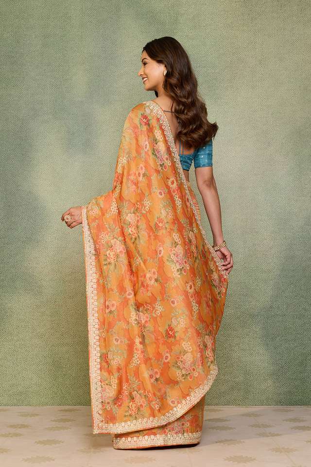 Orange Viscose Tissue Embroidered Saree thumbnail image number null