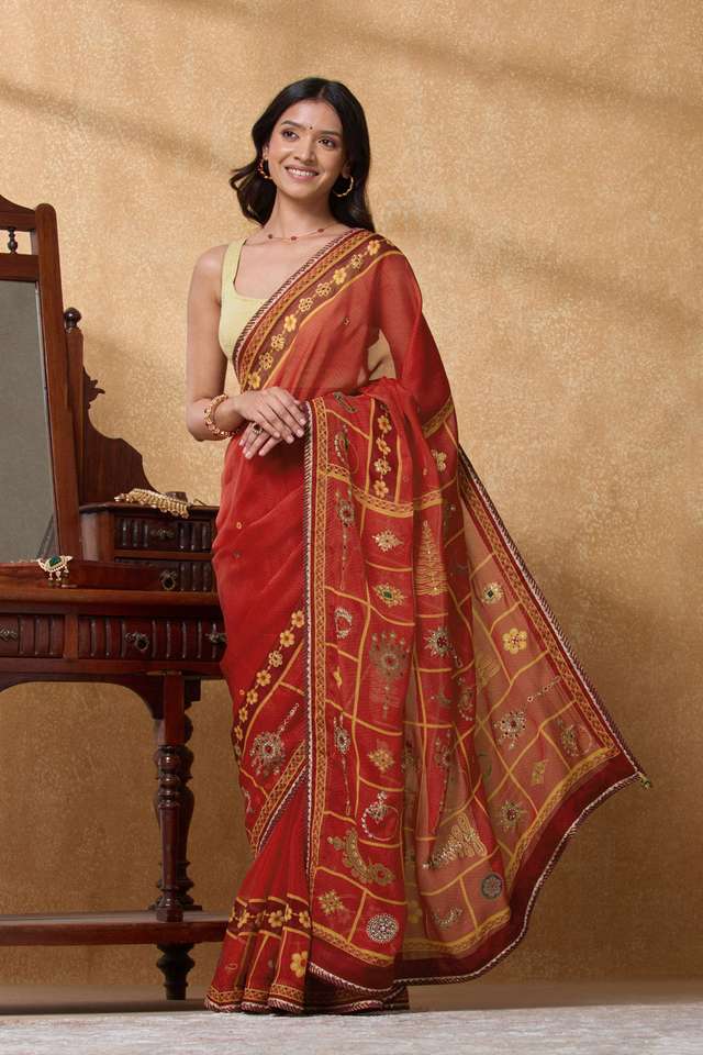 Red Printed Viscose Organza Saree image number