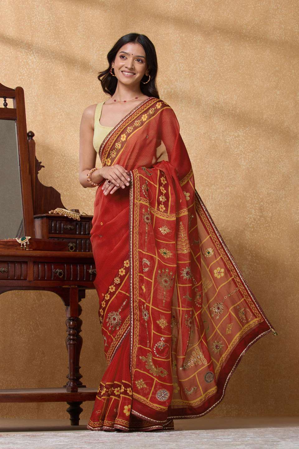Red Printed Viscose Organza Saree