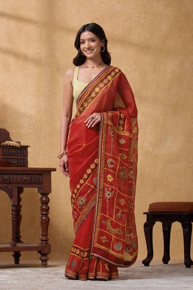 Red Printed Viscose Organza Saree thumbnail image number null