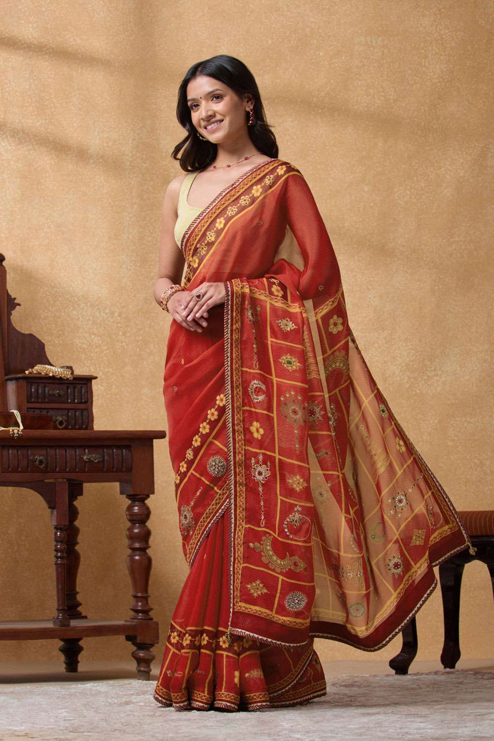 Red Printed Viscose Organza Saree image number null