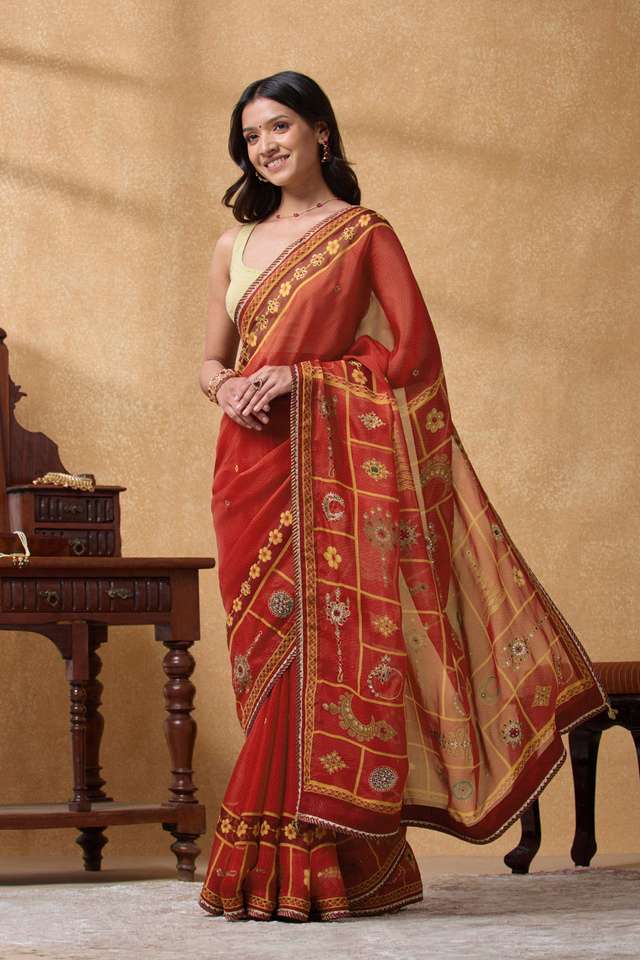 Red Printed Viscose Organza Saree thumbnail image number null