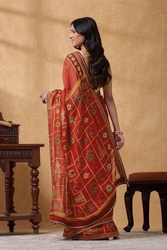 Red Printed Viscose Organza Saree thumbnail image number null