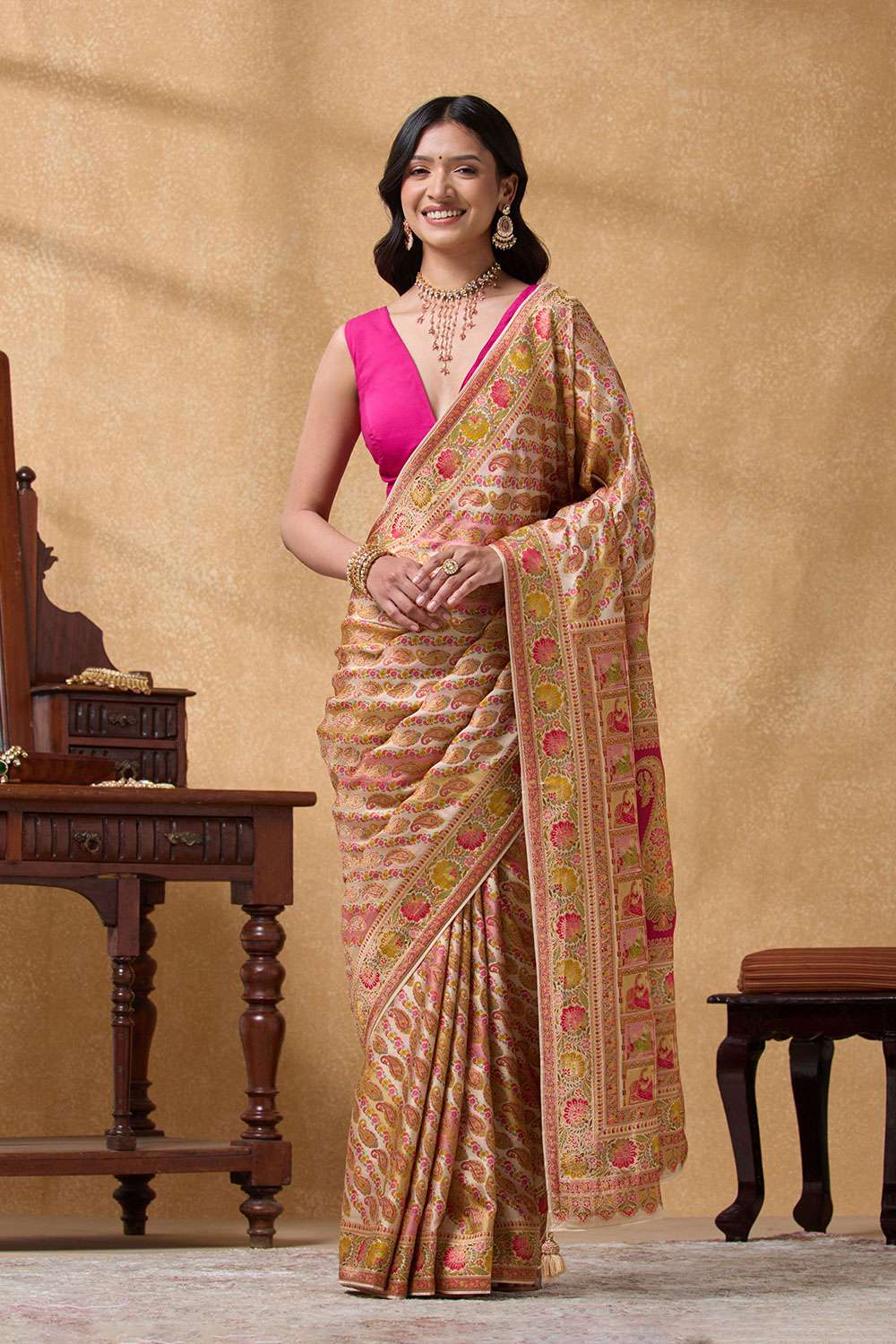 Beige Woven Pure Viscose Saree image number null