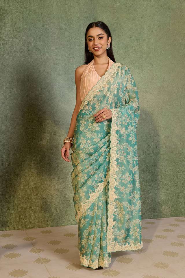 Blue Viscose Tissue Embroidered Saree thumbnail image number null