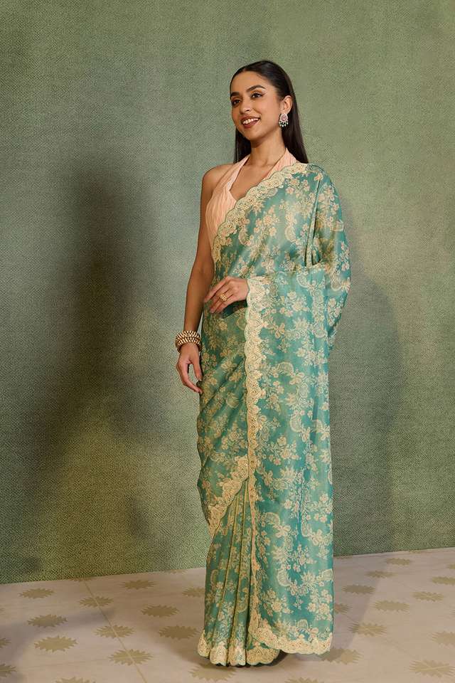 Blue Viscose Tissue Embroidered Saree thumbnail image number null