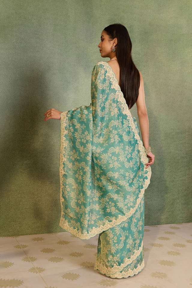 Blue Viscose Tissue Embroidered Saree thumbnail image number null