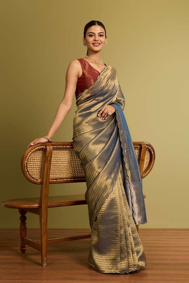 Blue Woven Viscose Tissue Saree image number