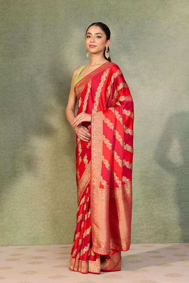 Dark Red Woven Viscose Satin Saree thumbnail image number null