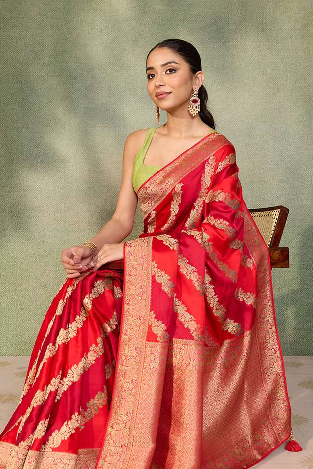 Dark Red Woven Viscose Satin Saree thumbnail image number null