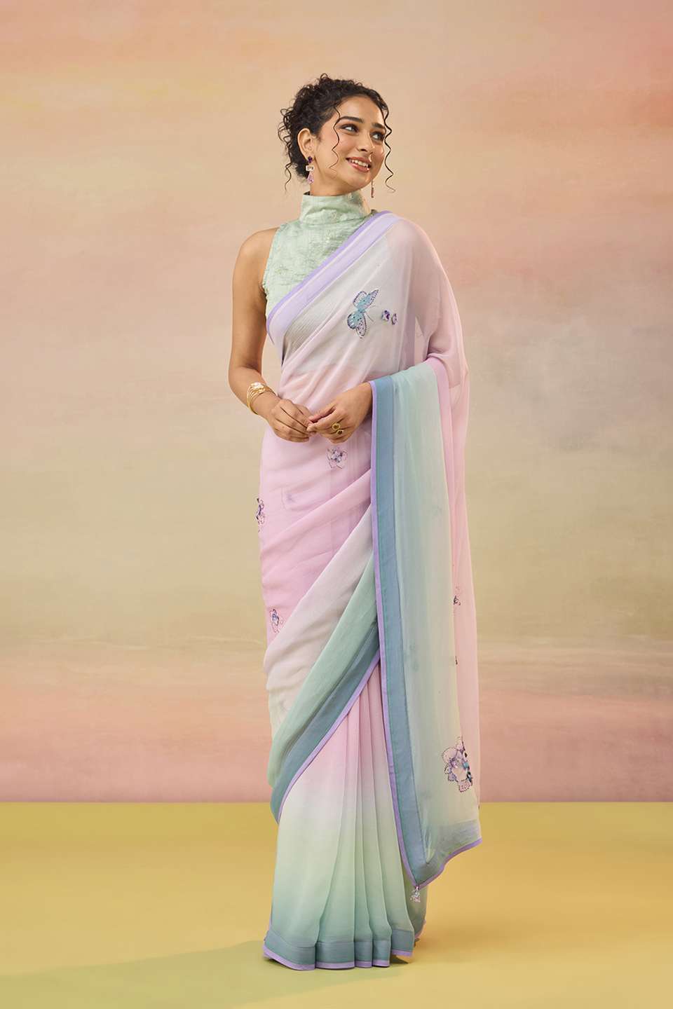 Light Violet Printed Viscose Chiffon Saree