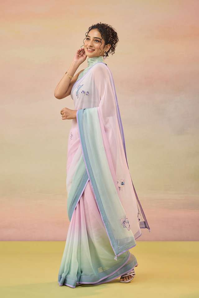 Light Violet Printed Viscose Chiffon Saree thumbnail image number null
