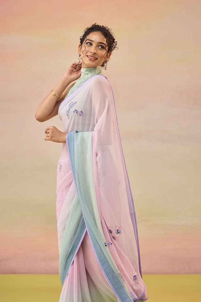 Light Violet Printed Viscose Chiffon Saree thumbnail image number null