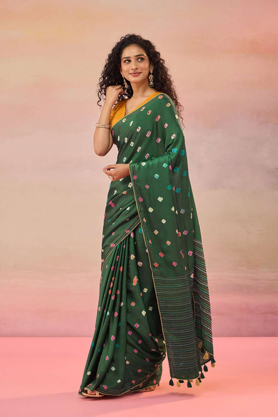 Green Gujarat Pure Satin Tie & Dye Bandhni Saree