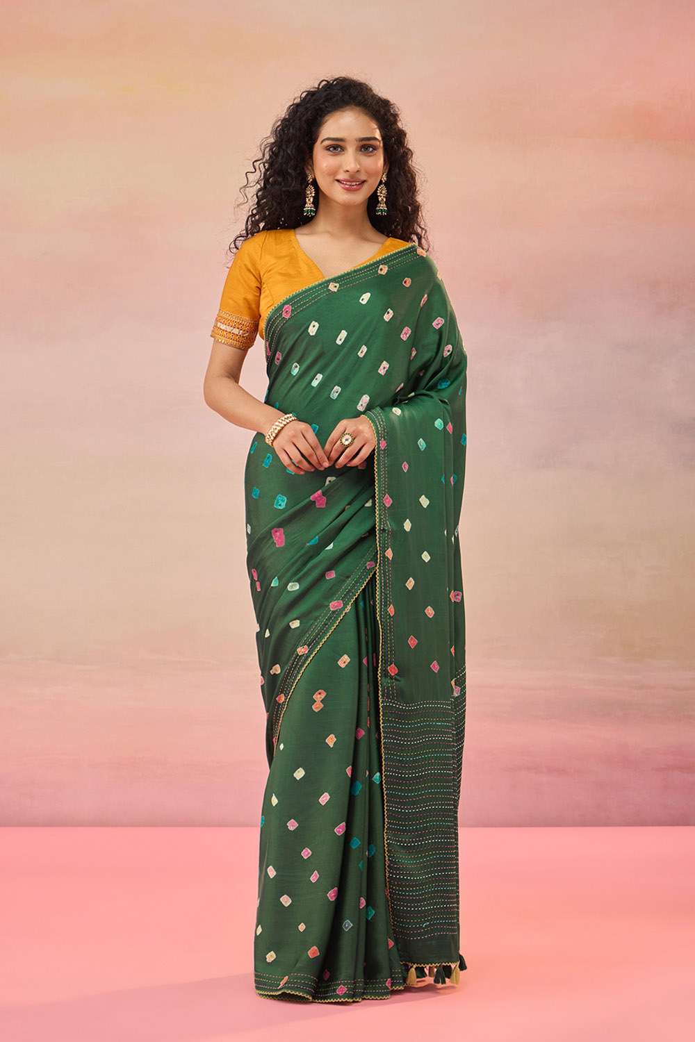 Green Gujarat Pure Satin Tie & Dye Bandhni Saree image number null