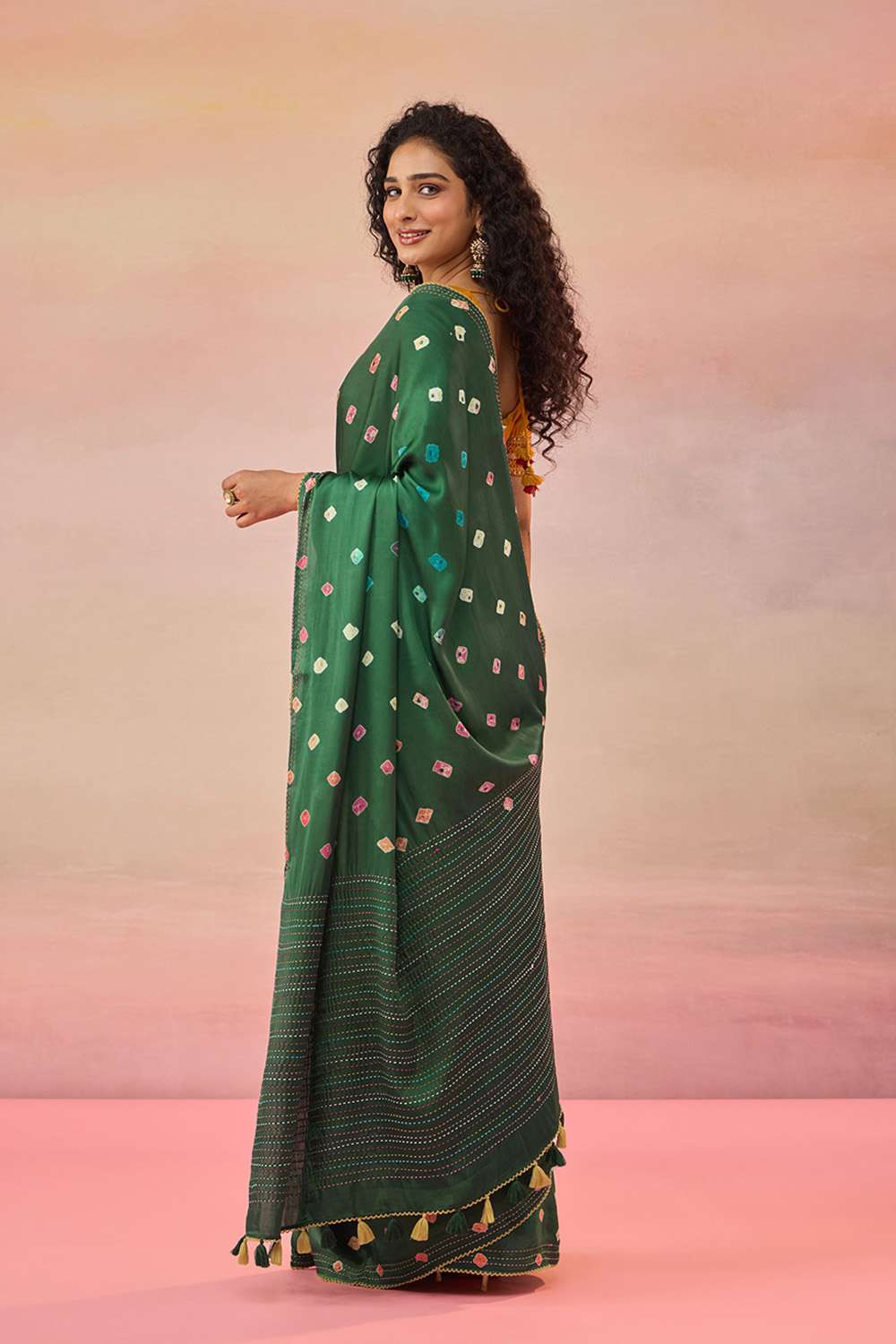 Green Gujarat Pure Satin Tie & Dye Bandhni Saree image number null