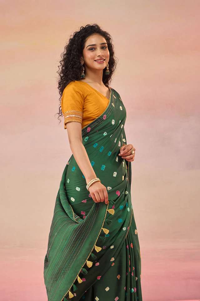 Green Gujarat Pure Satin Tie & Dye Bandhni Saree thumbnail image number null