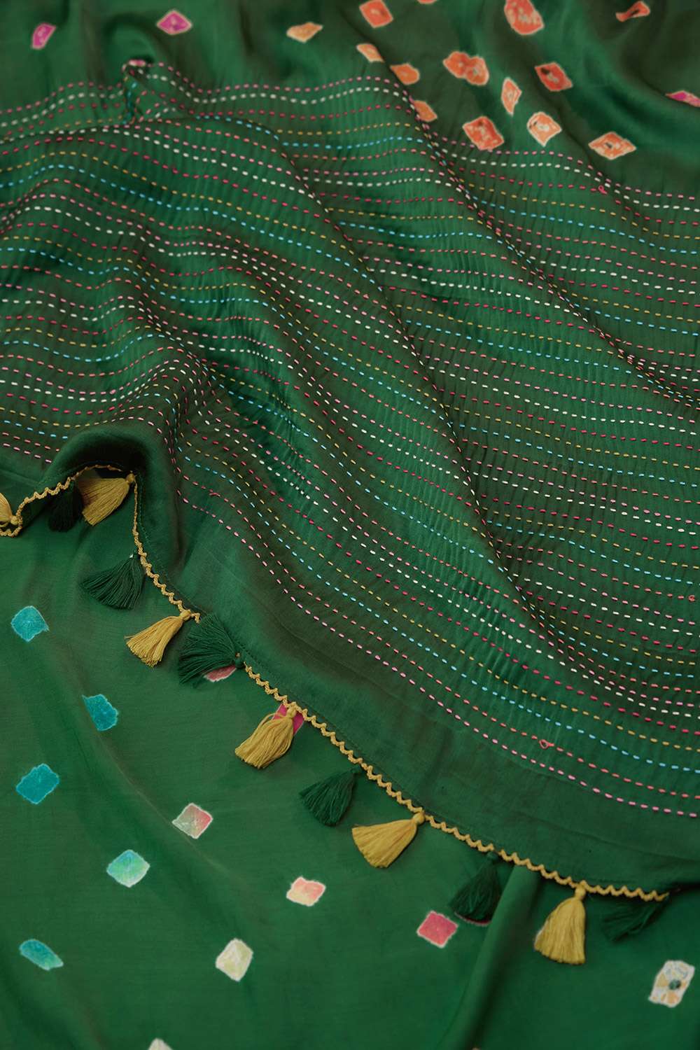 Green Gujarat Pure Satin Tie & Dye Bandhni Saree image number null