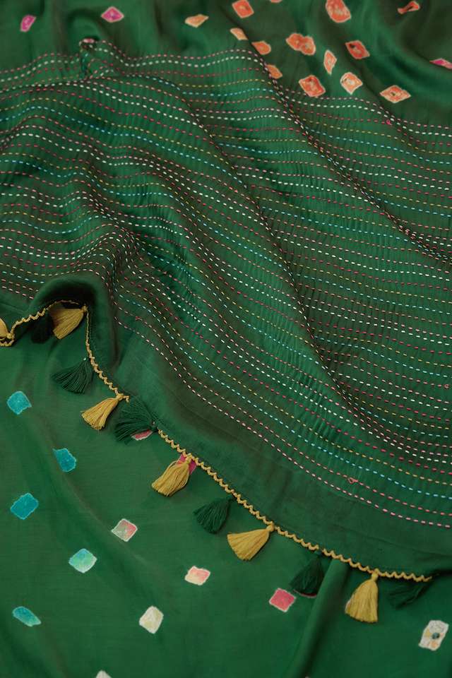 Green Gujarat Pure Satin Tie & Dye Bandhni Saree thumbnail image number null