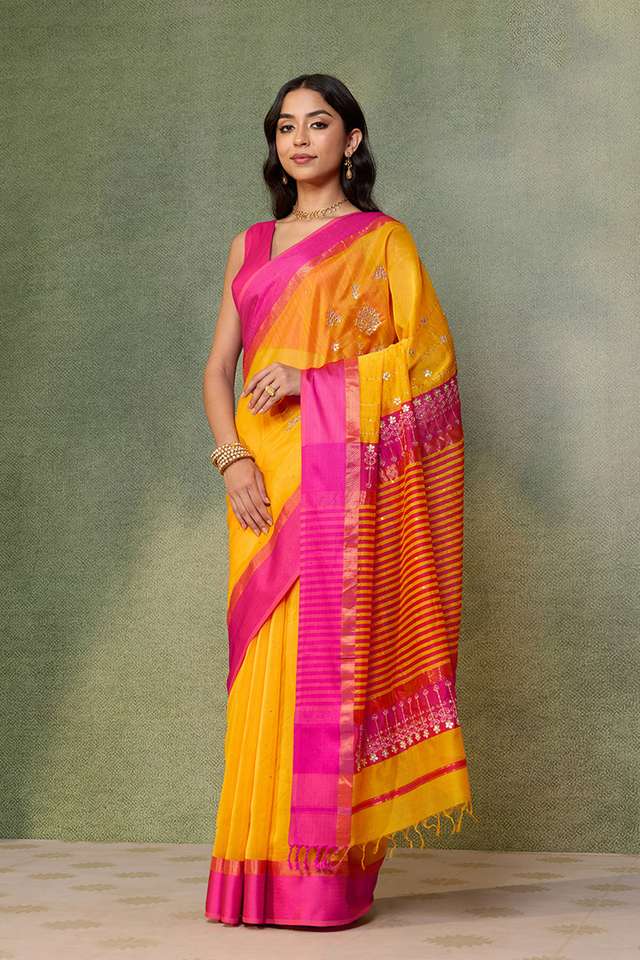 Yellow Rajasthan Pure Silk Cotton Gota Patti Saree thumbnail image number null