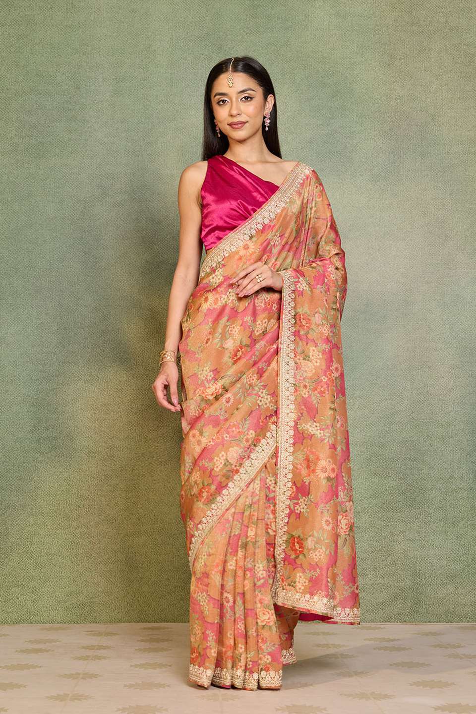 Pink Printed Viscose Tissue Saree