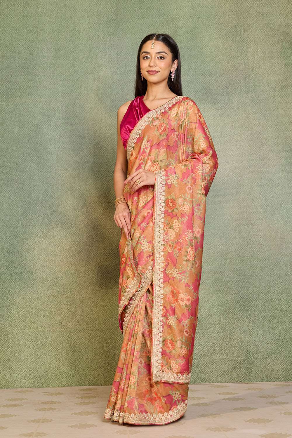Pink Printed Viscose Tissue Saree image number null