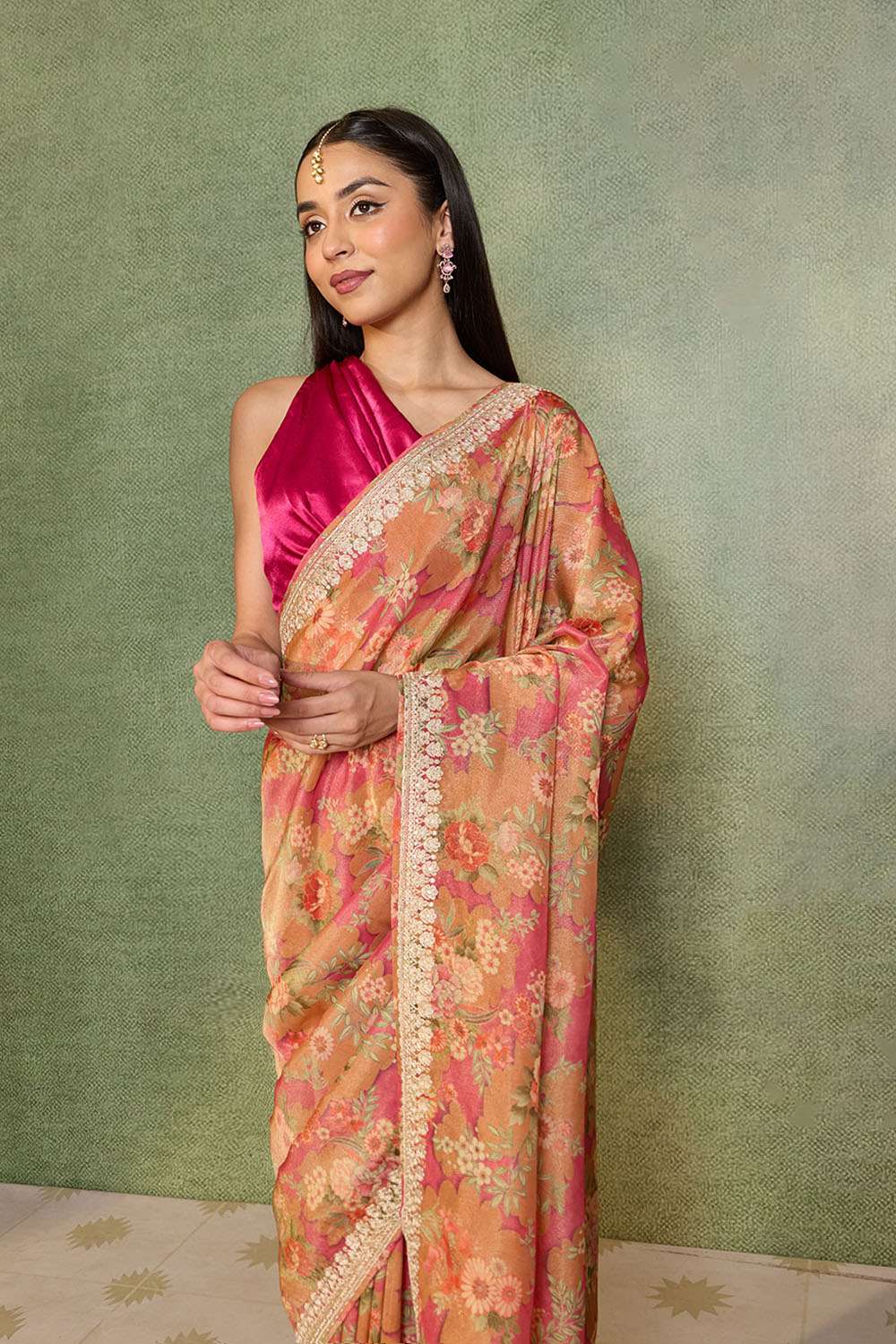 Pink Printed Viscose Tissue Saree image number null