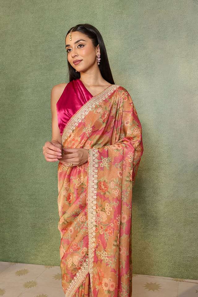 Pink Printed Viscose Tissue Saree thumbnail image number null