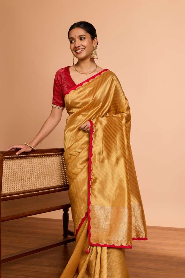 Yellow  Viscose Tissue Woven Saree