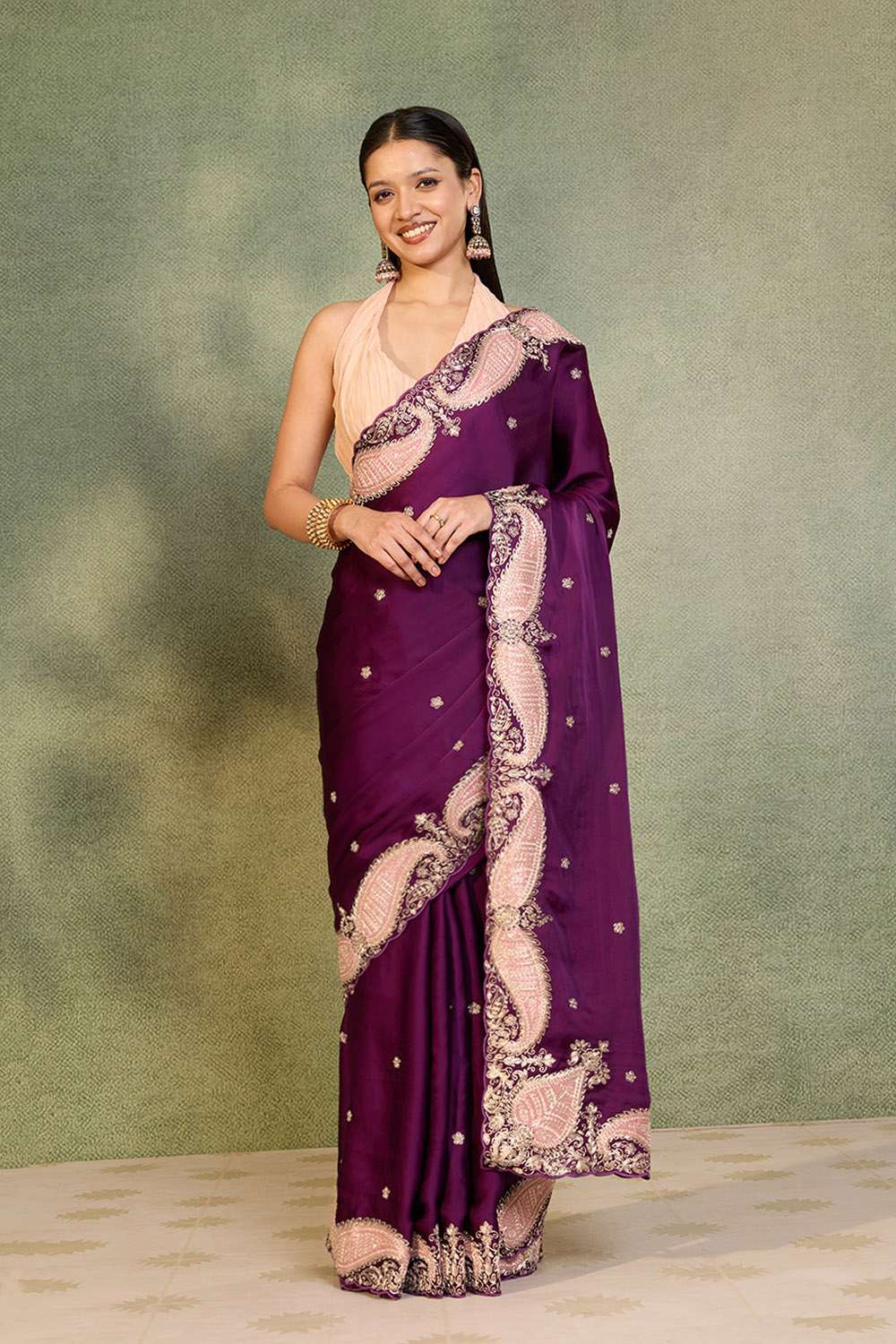 Purple Viscose Satin Embroidered Saree image number null