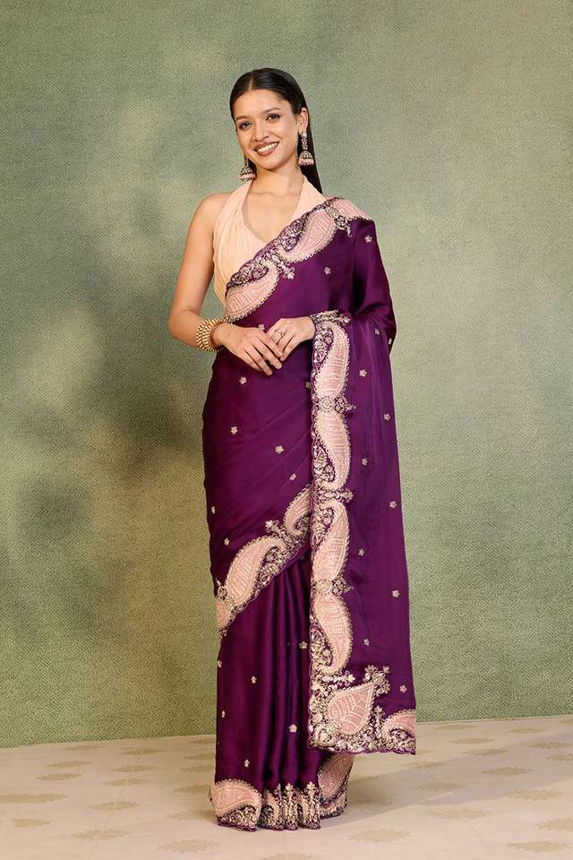 Purple Viscose Satin Embroidered Saree image number