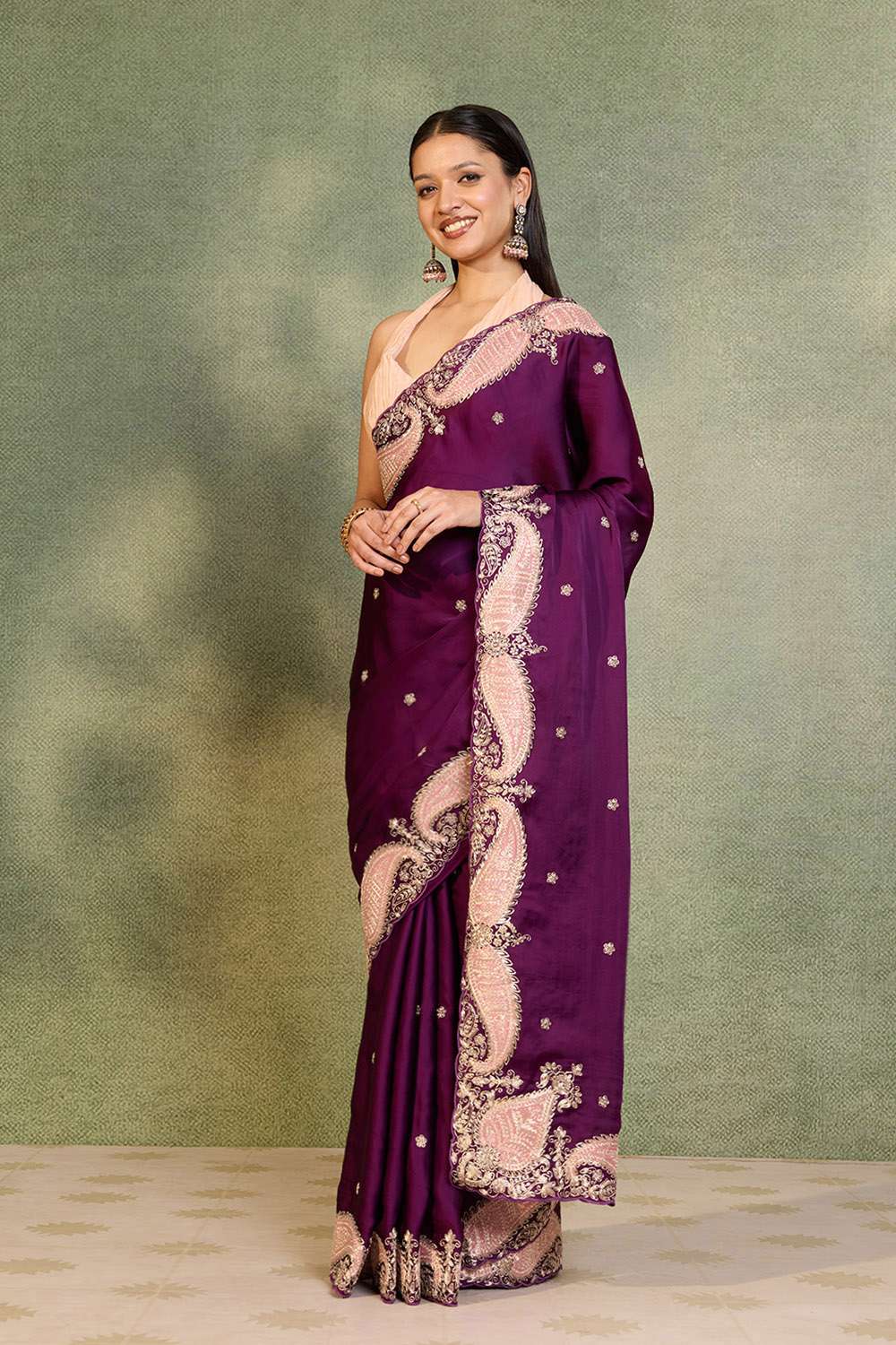 Purple Viscose Satin Embroidered Saree image number null
