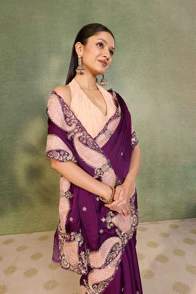 Purple Viscose Satin Embroidered Saree thumbnail image number null