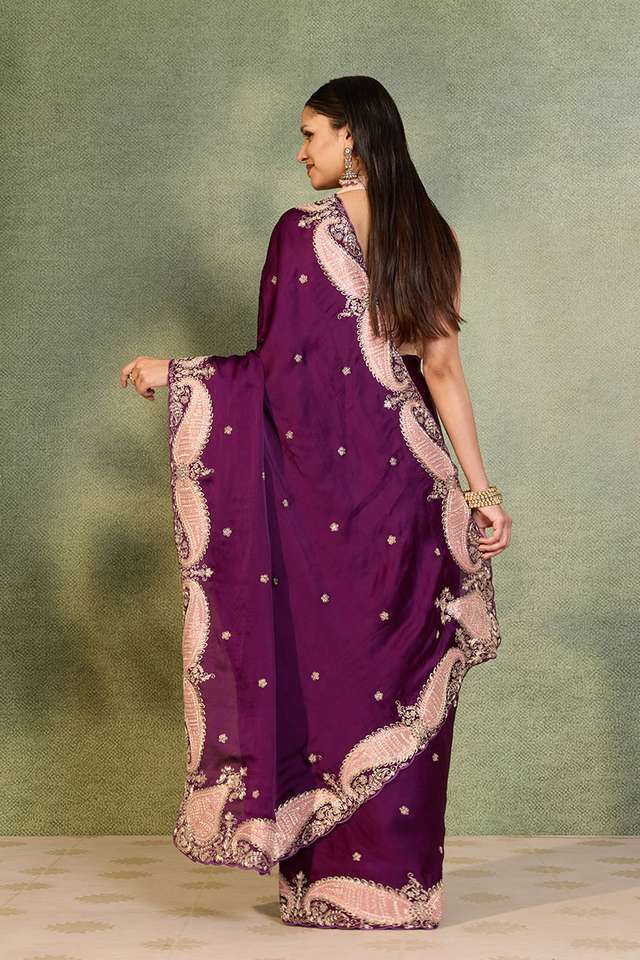 Purple Viscose Satin Embroidered Saree thumbnail image number null