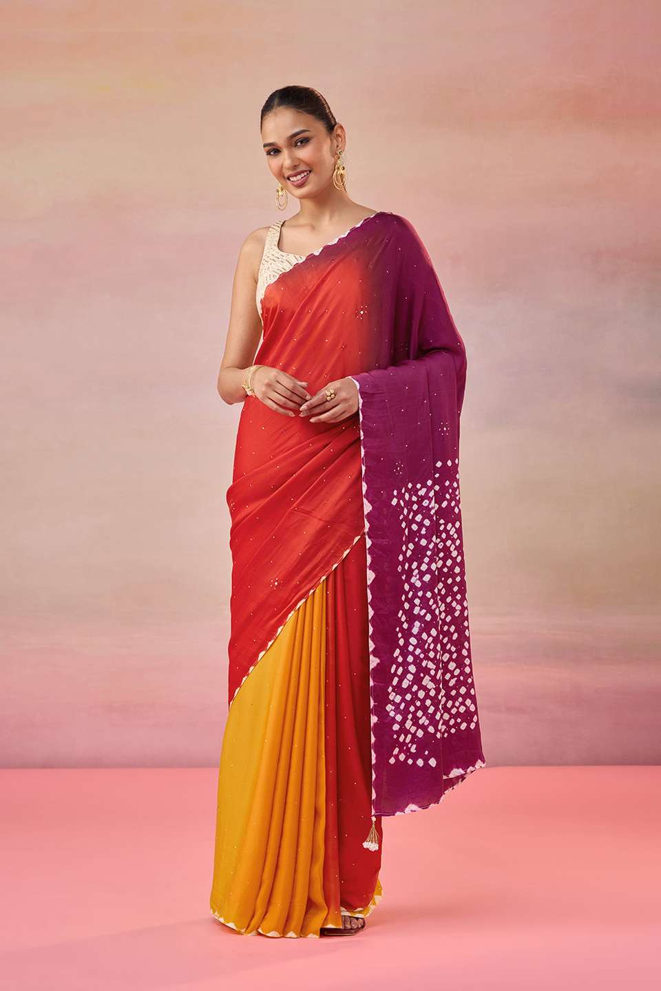 Orange Gujarat Pure Satin Tie & Dye Mukaish Saree