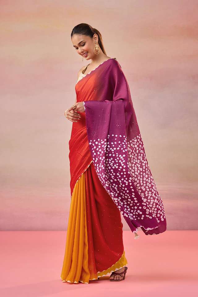 Orange Gujarat Pure Satin Tie & Dye Mukaish Saree thumbnail image number null