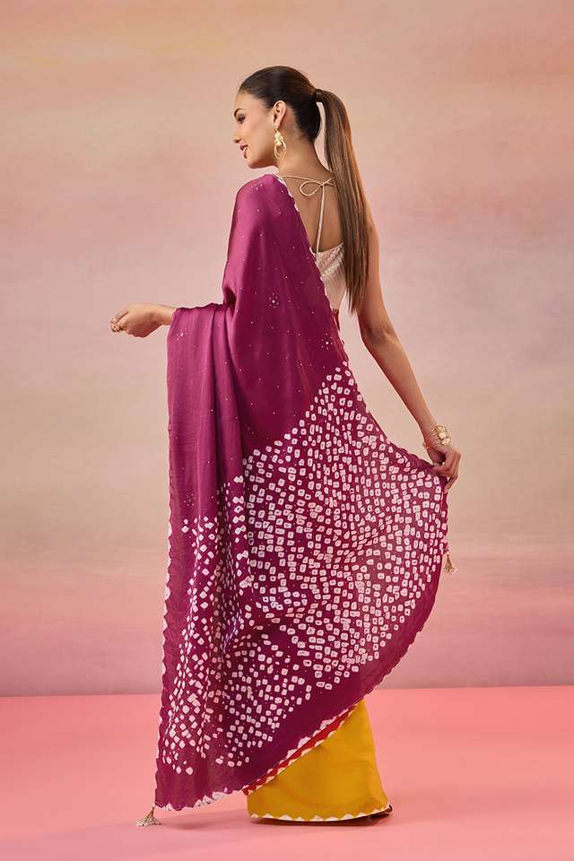 Orange Gujarat Pure Satin Tie & Dye Mukaish Saree thumbnail image number null
