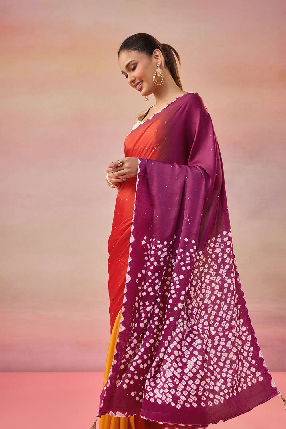 Orange Gujarat Pure Satin Tie & Dye Mukaish Saree image number null