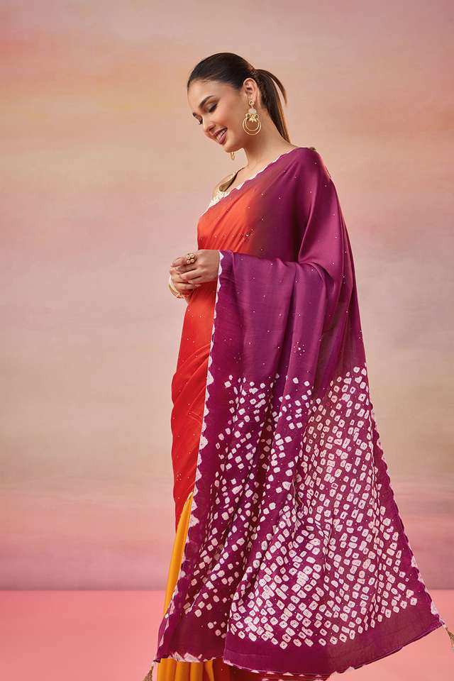 Orange Gujarat Pure Satin Tie & Dye Mukaish Saree thumbnail image number null