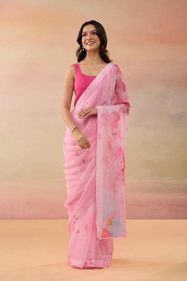 Pink Viscose Chiffon Printed Saree image number