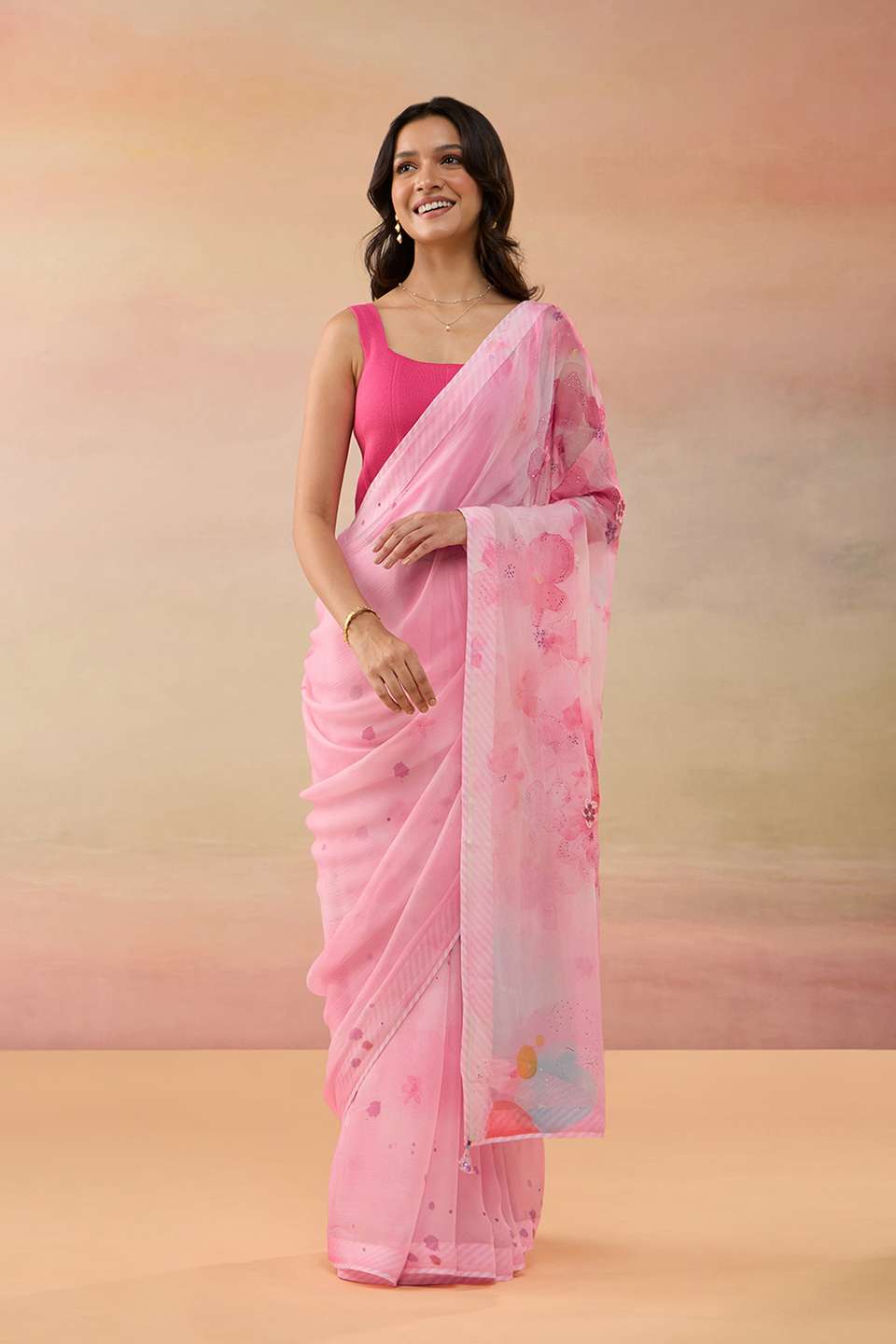 Pink Viscose Chiffon Printed Saree